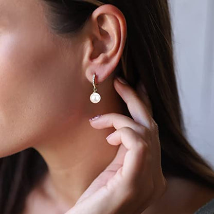 CERSLIMO Pearl Drop Earrings for Women | S925 Sterling Silver Post Simulated Shell Pearl Hoop Dangle Earrings, Hypoallergenic Cubic Zirconia Huggies Earrings Bridesmaid Jewelry - style: 01 Gold-Round