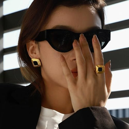 RAUCHBE Big Chunky Gold Earrings for Women Vintage Black Oval Earring Onyx Statement Earrings Trendy Jewelry - style: E