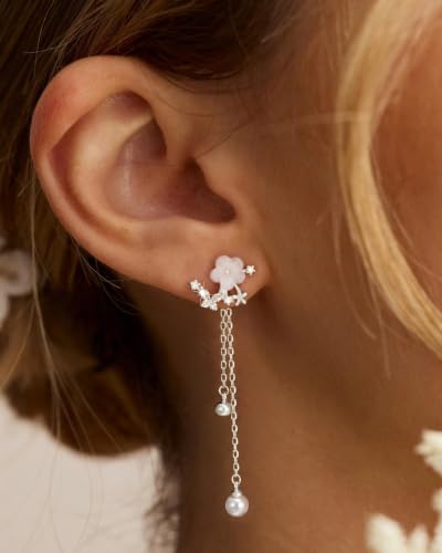 14K Gold Plated/Sterling Silver CZ Pearl Drop Dangle Earrings for Women - color: Gold-Flower Pearl CZ