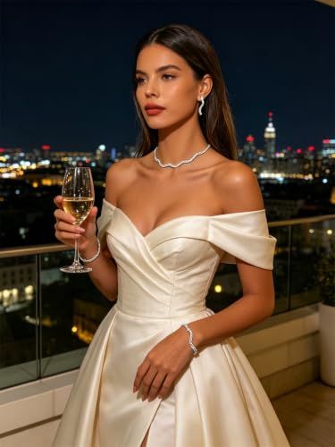 Gold Rhinestone Jewelry Set for Women Crystal Choker Necklaces Drop Earrings Adjustable Bracelet Elegant Prom Bridal Jewelry - color: Silver