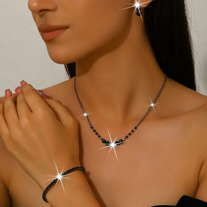 Silver Wedding Prom Jewelry Sets Sparkling Crystal Chain Necklace Earrings Bracelet Set Rhinestone Wedding Set Formal Prom Costume Jewelry Sets for Women and Brides - color: Black