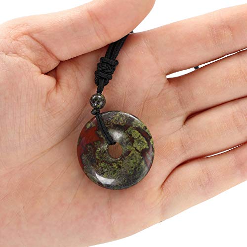 Jovivi 30mm Circle Donut Healing Crystals Necklace Natural Semi-Precious Chakra Gemstone Stone Amulet Lucky Coin Donuts Charm Protection Quartz Reiki Pendant Necklace for Men Women Adjustable Rope - color: Dragon Blood