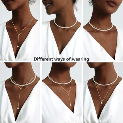 Zeffy Pearl Necklace 4MM/6MM/8MM Dainty Round Imitation Pearl Choker Necklace Wedding Pearl Necklace Delicate Jewelry for Women Simple Bridesmaid Jewelry Gifts - style: 4mm Gold Pearl Necklace & Pearl Y Necklace