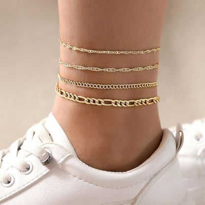 Fesciory 14K Gold Plated Ankle Bracelets Sets For Women, Adjustable Layered Infinite Anklet, Summer Beach Butterfly Star Foot Chain Jewelry Gifts - style: Figaro Set(Gold)
