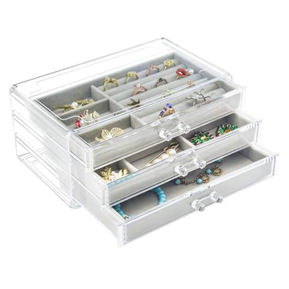 Weiai Acrylic Jewelry Box Organizer 3 Drawer Earring Storage Case Tray for Women - color: Gray
