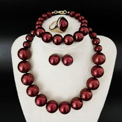 xuzhiyuan Statement Pearl Jewelry Set for Women - Includes Necklace, Bracelet, Earrings, and Ring | Colorful Faux Pearl Fashion Jewelry Set for Party, Wedding, Daily Wear - color: Brown Red