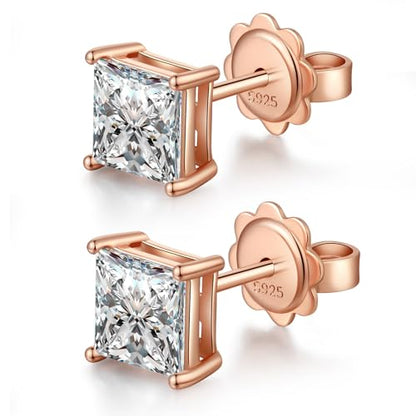 925 Sterling Silver Cubic Zirconia Stud Earrings for Women/Men Hypoallergenic Stud Earrings 4MM-8MM - style: F: Square Stud-Rose Color