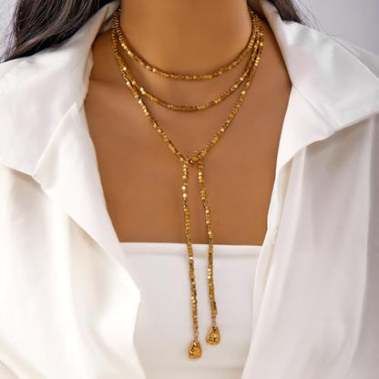 Long Black Beaded Necklace for Women Trendy Gold Beads Slip Tie Pearl Wrap Necklace Layered Silver Lariat Necklaces with Pearl Drop Y Statement Necklaces Versatile Elegant Jewelry - color: gold