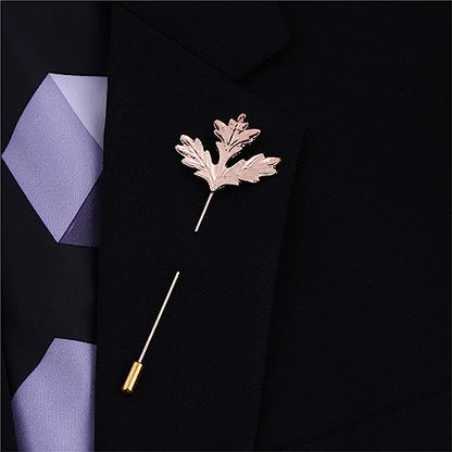 Dreuyet Simple Gold Silver Plated Long Brooch Pins with Cute Animal Antlers Leaves Plant Bees Rabbits Rose Flower Feather Brooch Jewelry for Women Men Elegant Suit Collar Lapel Pin - style: Leaf 3