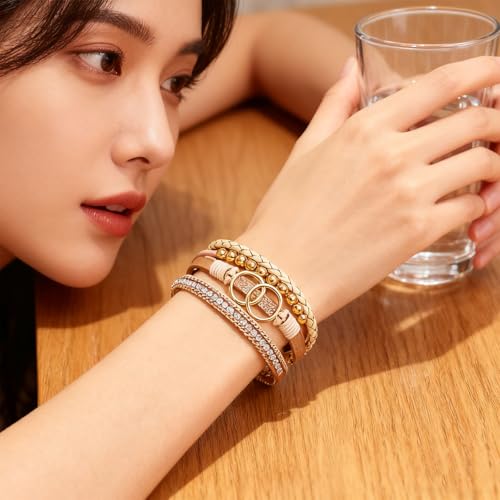 Leather Wrap Bracelets for Women, Boho Leopard Multi-Layer Crystal Beads Cuff Jewelry - color: J-Warp-008