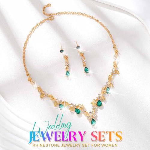 Gold Rhinestone Jewelry Set Bridal Wedding Necklace Earrings Sets Prom Formal Costume Jewelry for Women and Brides - color: Green