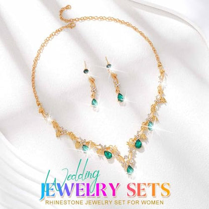 Gold Rhinestone Jewelry Set Bridal Wedding Necklace Earrings Sets Prom Formal Costume Jewelry for Women and Brides - color: Green