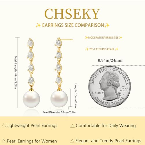CHESKY Pearl Drop Earrings for Women, 14K Gold Plated Pearl Dangle Earrings | Dainty Pearl Earrings for Women,WaterProof Gold Brides Wedding Earrings,Bridesmaid Bridal Gift,Trendy Women Everyday Jewelry - style: 4CZ