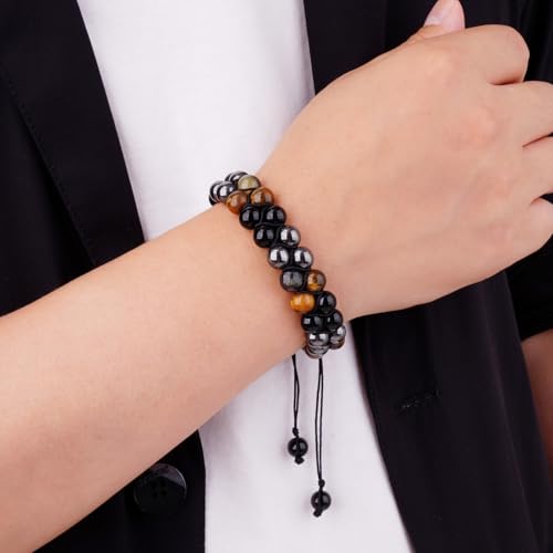 Triple Protection Bracelet,Bracelets for Men Women, Natural Tiger Eye Jewelry Stone Hematite and Blue Stone Hematite 8mm Crystal Bracelet - Adjustable Size with Premium Gift-Box - color: Brown-Black-Silver Gray