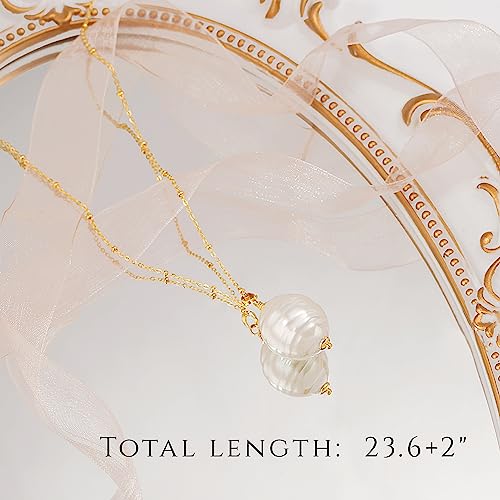 18k Gold Plated Chain Link Necklace for Women, Baroque Pearl/Compass Pendant Necklace - color: Long Pearl