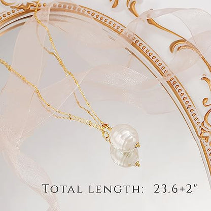 18k Gold Plated Chain Link Necklace for Women, Baroque Pearl/Compass Pendant Necklace - color: Long Pearl