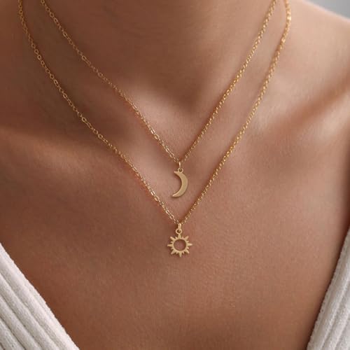 Dainty Gold Necklace: 14k Gold Plated Dianty Boots Bow Sun Moon Horse Evil Eye Conch Seahorse Necklace for Women 16.5"+2" - color: Sun&moon