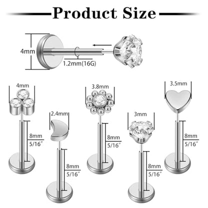 Uni-J 10pcs 20G/18G/16G Threadless Push-in Tragus Conch Cartilage Flat Back Helix Labret Monroe Lip Ring Daith Piercing Jewelry - color: 16G Silver 8mm