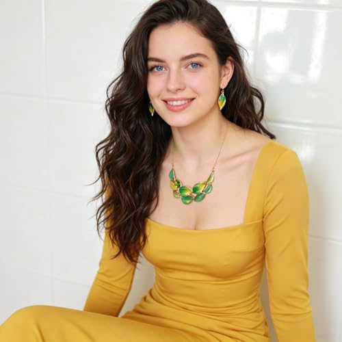 Vintage Statement Jewelry Set - Chunky Flower Floral Plant Geometric Resin Bib Necklace Earring Set Bohemian Boho Crystal Rhinestone Fashion Jewelry for Women Bridal Party Prom Unique Gift - style: MLJS2605-Green