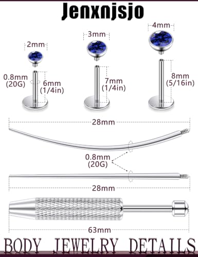 Jenxnjsjo F136 Titanium 20/18/16g Earrings Nose Lip Rings Studs Labret Medusa Tragus Helix Conch Cartilage Piercing Jewelry for Women - color: Blue, size: 20g
