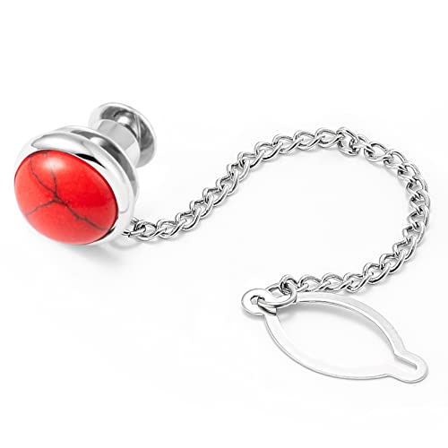 Tie Pins for Men Silver Tie Pins with Chain, Tie Tack Pins Brooch Personalized Wedding Business Gifts - color: Red