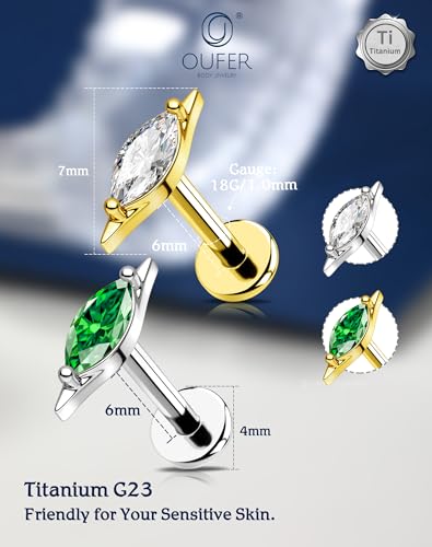OUFER G23 Titanium Threadless Flat Back Stud, Marquise CZ Cartilage Earring, 18G Minimalist Helix Tragus Flat Piercing Jewelry for Sensitive Ears, 6mm Post - color: Gold- Green