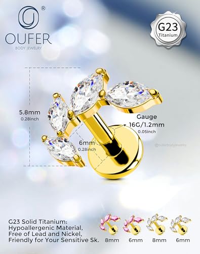OUFER Body Piercing Titanium Helix Piercing Jewelry 16G Leaf Helix Earrings for Women Internally Thread Conch Helix Stud Flat Back Cartilage Earrings Surgical Steel Gold Cartilage Piercing Jewelry - color: clear CZ, size: 1.2*6mm