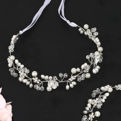 Wecoe Flower Girl Headpieces 2pcs Silver Crystal Beads Pearl Headbands Wedding Bridal Flower Girl Hair Accessory Princess Hair Accessories for Birthday, Party, First Communion, Baptism - color: Silver B
