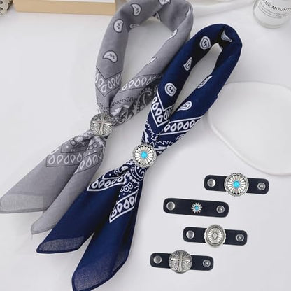 4Pcs Scarf Ring Western Bandana Slide For Women Men Genuine Leather Wild Rag Clip Neckerchief Holder Cowboy Accessories Clothing Cinch Buckle - color: Silver B