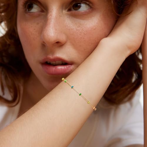 Gold Chain Bracelet for Women, 14K Gold Plated | Dainty Bracelets with Adjustable Chain, Trendy Jewelry Gift for Women - style: Colorful 2