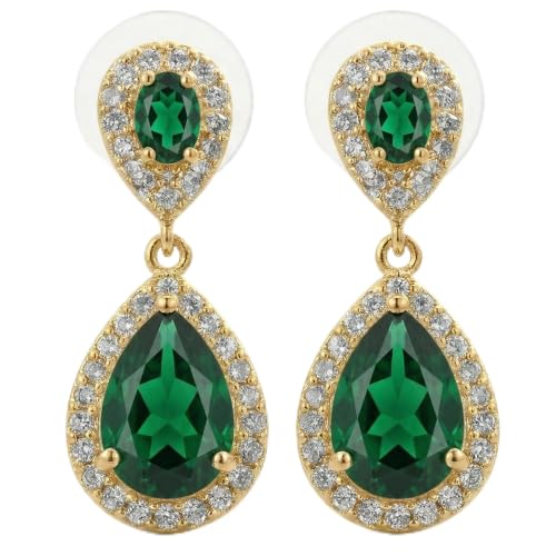 Mariell Cubic Zirconia Crystal Teardrop Dangle Bridal and Wedding Earrings, CZ Jewelry for Brides, Bridesmaids, Homecoming, Prom and Dressy Everyday Wear - color: Gold-Green Cubic Zirconia