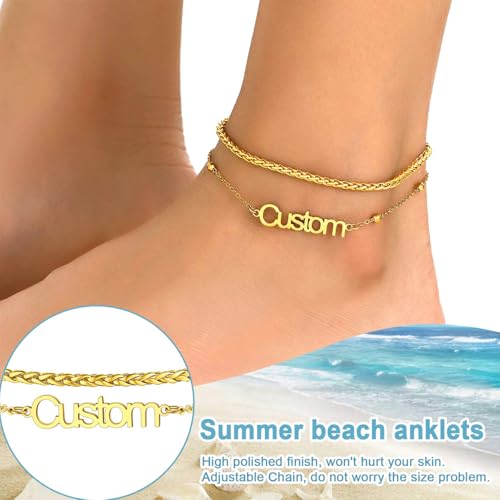 U7 Custom Layered Ankle Bracelets for Women Stainless Steel Bead/Cuban/Figaro/Rope/Wheat Chain Anklet Waterproof Anklet Jewelry for Beach Vacation - color: a-Gold Plated-Wheat Chain