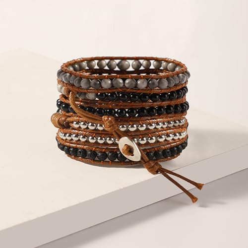 Artilady Leather Wrap Bracelet for Women, Pearl Beaded Bangle Stack Jewelry | Easy on-off, Elegant Handmade Multi-Layered, Daily Casual Date Beach Vacation, Gift for Ladies, Mother, Sister & Friend - style: Black stone