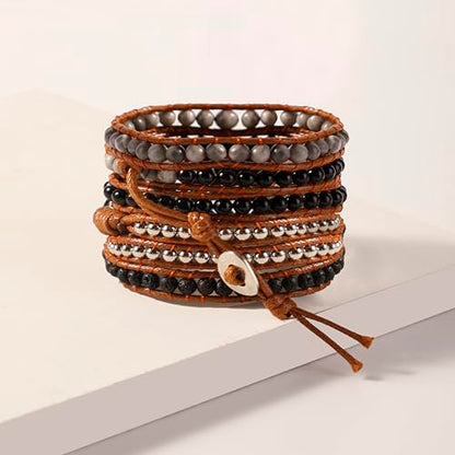 Artilady Leather Wrap Bracelet for Women, Pearl Beaded Bangle Stack Jewelry | Easy on-off, Elegant Handmade Multi-Layered, Daily Casual Date Beach Vacation, Gift for Ladies, Mother, Sister & Friend - style: Black stone
