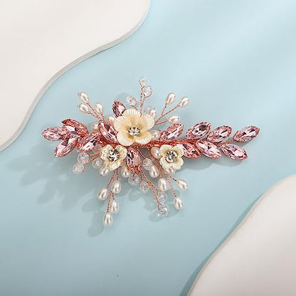 Xerling Pink Rhinestones Crystal Flower Hair Barrettes Clip Boho Bridal Pearl Hair Jewelry Accessories for Women Wedding Floral Headpieces (Pink) - color: Pink
