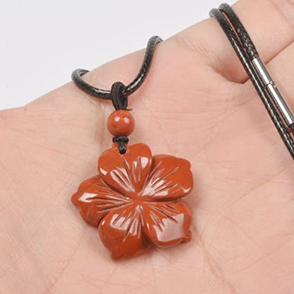 Justinstones Hand Carved Healing Crystals Gemstone Hawaii Flower Pendant Hand Weaving Wax Rope Necklace 22 inch - color: Red Jasper