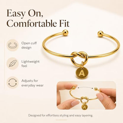 LemonRose Initial Bracelets for Women - Dainty Tie the Knot Letter A-Z 14K Gold Plated for Women Gold Cuff Bracelet for Womens Jewelry Personalized Bridesmaid Proposal Gifts - color: Gold A