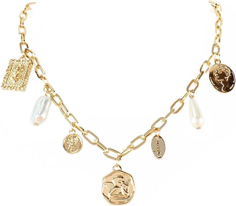 Charm Necklace for Women Gold Evil Eye Sun Moon Flower Coin Pendant Necklace Dainty Paperclip Chain Vintage Luck Amulet Choker Necklaces Celestial Jewelry Gift - style: 7 Charms- Angel,Pearl