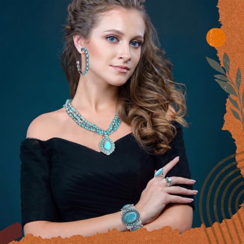 Ecally Bohemian Western Jewelry Turquoise Set Women Country Pendant Long Choker Layered Bracelets Earrings Ring for Women - color: Turquoise, style: Rustic