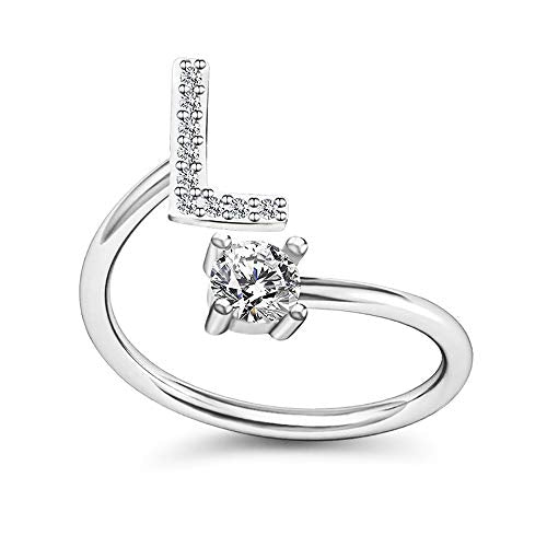 FUTIMELY Initial Letter Ring Alphabet Ring A-Z Silver Crystal Open Adjustable Personalized Initial Ring for Women - style: L