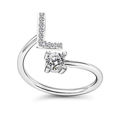 FUTIMELY Initial Letter Ring Alphabet Ring A-Z Silver Crystal Open Adjustable Personalized Initial Ring for Women - style: L