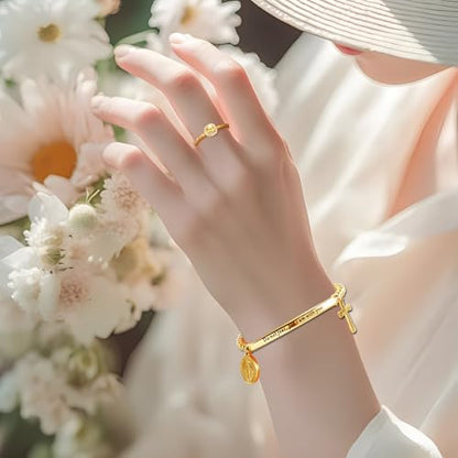 DS Inspirational Bracelet for Women Christian Engraved Bibler Verse Cross Butterfly Daisies Charm Bracelet, Exquisite Stainless Steel Jewelry Daughter Best Friend Bestie - style: Do not fear for,I am with you-Gold