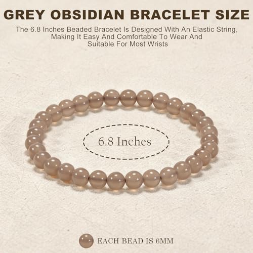 Agate Round Beaded Bracelet for Women Men Natural Agates Stone Healing Bracelets Stretch Elastic Handmade Polished Gemstone Beads Bracelet - color: Grey, size: 6mm Beads