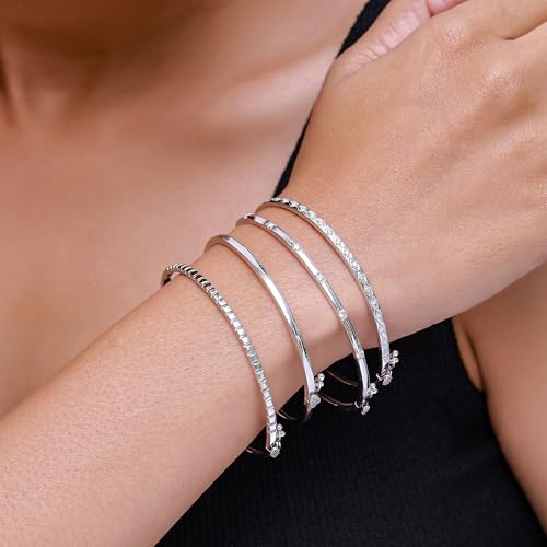 Classic Plain Design & 7 inch Bangle Bracelet for Women | Metal: Sterling Silver|Stone: Moissanite - color: Stack Stripe