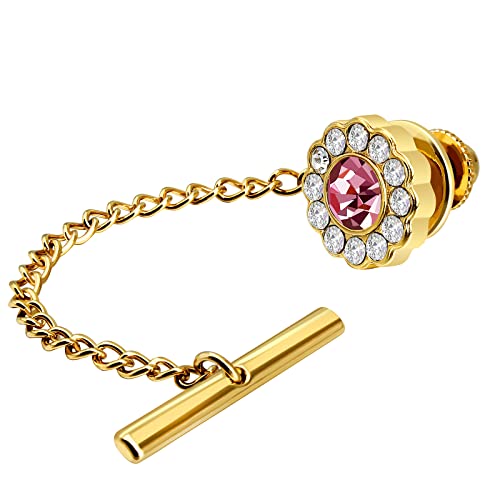 AMITER Crystal/Pearl Tie Tack with Chain, Gold Mens Tie Pin Necktie Pins Lapel Pin for Wedding Birthday Anniversary Party - color: 24k Gold+Pink Crystal