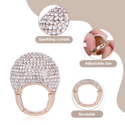 Gold Snowball Rhinestone Cocktail Ring – Adjustable Stretch Sparkling Party Jewelry for Women, Elegant Costume Ring for Evening Wear, Wedding, Prom - color: white