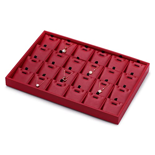 Oirlv Gorgeous Red Leather 24 Grid Jewelry Tray with Removable Inserts Jewelry Cards Stackable Necklace Trays Necklace Drawer Organizer | 24 Necklace Sections,Removable Insert Cards,Anti-Tangle Design,Space-Saving Event Display,13.8×9.5Inch - color: Red,
