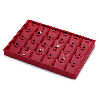 Oirlv Gorgeous Red Leather 24 Grid Jewelry Tray with Removable Inserts Jewelry Cards Stackable Necklace Trays Necklace Drawer Organizer | 24 Necklace Sections,Removable Insert Cards,Anti-Tangle Design,Space-Saving Event Display,13.8×9.5Inch - color: Red,