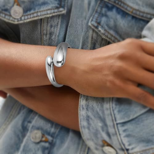 Emibele Cuff Bracelet Stack, 18K Gold-plated Open Bangle Bracelet, Teardrop Hinged Thick Wrist Chunky Bracelet Set for Women, Non Tarnish Jewelry Gift, 2 Pack - color: Silver