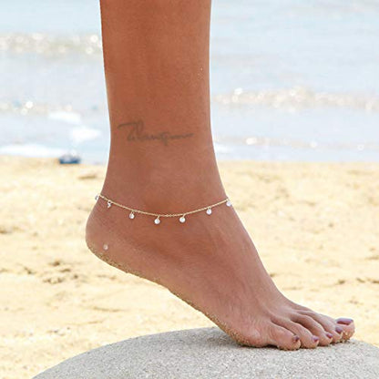 LOYATA Dainty Ankle Bracelet,14K Gold Plated Tiny Bead Anklet Dainty White Cubic Zirconia Cross Tassel Foot Chain Cute Lucky Moon Evil Eye Foot Jewelry Boho Anklets for Women - color: CZ